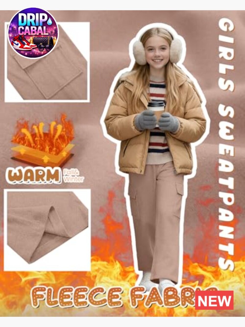 3 Pack Girls Thermal Fleece Cargo Sweatpants 5-14y 4 Pockets Wide Leg High - Picture 3 of 7